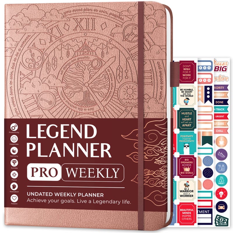 Legend Planner PRO â€“ Deluxe Weekly & Monthly Life Planner to Increase Productivity and Hit Your Goals. Time Management Organizer Notebook â€“ Undated â€“ 7 x 10" Hardcover + Stickers â€“ Rose Gold - Image 1